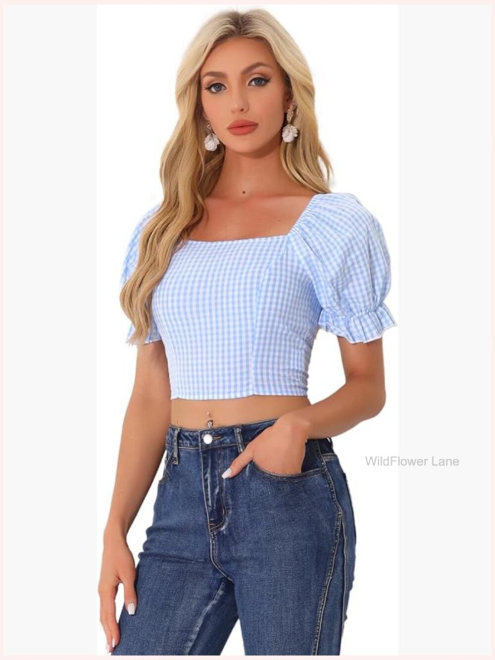 Smocked Crop Top Bubble Sleeve Peasant Gingham Plaid Blouse
